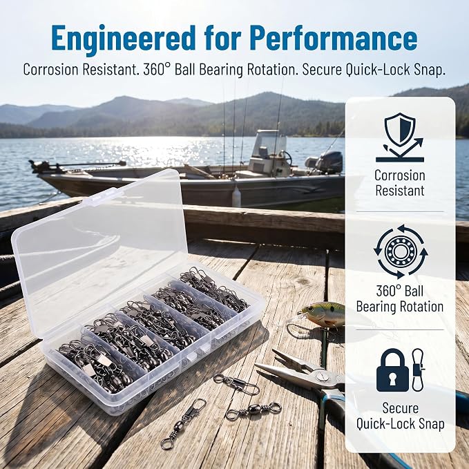 200PCS Barrel Snap Swivel Fishing Accessories, Premium Fishing Gear Equipment with Ball Bearing Swivels Snaps Connector for Quick Connect Fishing Lures