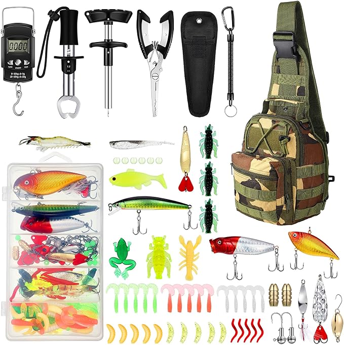 Sosation 134 Pcs Fishing Tool Fishing Tackle Box Kit and Equipment for Adults Beginner Gift, Hook Remover, Pliers Kit, Backpack Tackle Container Lures, Lip Gripper, Weigh Scale