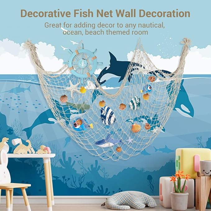 80x40 Inch Decorative Fishing Net w/Shells & Clips, 3mm Beige Natural Cotton Large Photo Hanging Fishnet, Wall Halloween Party Decorations for Nautical Pirate Hawaii Underwater Mermaid Themed Party
