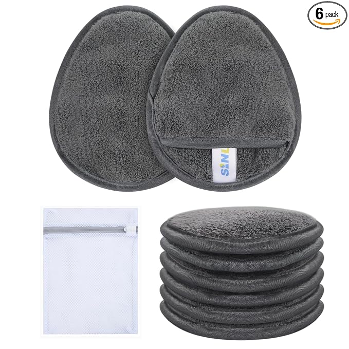 SINLAND Reusable Makeup Remover Pads For Face,Eye,Lips Microfiber Gentle Facial Cleansing Cloths for All Skin Types Friendly for Makeup Remover With Laundry Bag 5.1inchx3.93inch Grey Pack of 6