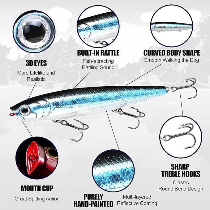 LUCKY CRAFT Gunfish 95 3 Hook Freshwater Fishing Lures and Bait for Bass Fish, Topwater Fish Line, Surface Bait with Treble Hooks, Fishing Gear for Tackle Box