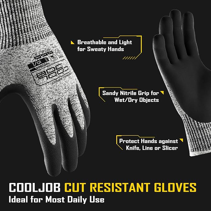COOLJOB A3 Cut Resistant Safety Work Gloves with Nitrile Grip, Touchscreen & Flexible for Gardening Fishing Construction