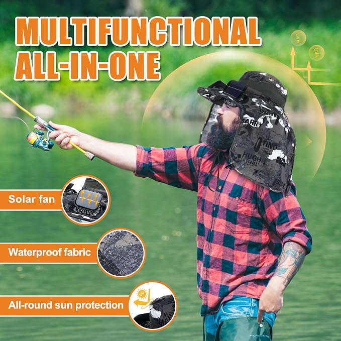 Chuarry Wide Brim Sun Hat with 2 Solar Fans and Neck Flap Outdoor Solar Powered USB Charging Bucket Fishing Hat for Men Women