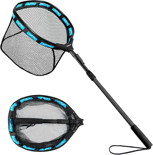PLUSINNO Fishing Net Fish Floating Landing Net, Kayak Nets with Fixed Foldable Telescopic Pole Handle, Bass Trout Fishing Nets with Nylon Mesh for Pond Lake River, Fishing Gear Gifts for Men Anglers