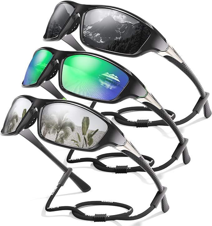 3 Pack Polarized Sports Sunglasses for Men, Mens Sunglasses Wrap Around UV Protection for Cycling Fishing Driving