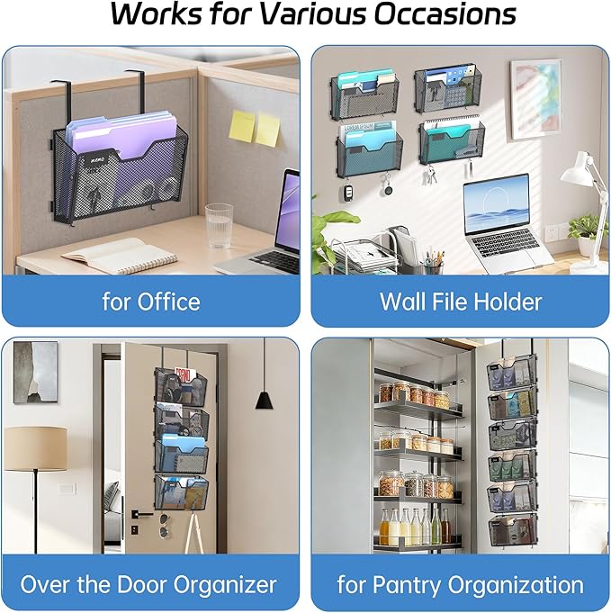 6 Pack Metal Wall File Organizer, Heavy Duty Hanging Mail Holder, Space Saving Over Door & Wall Mounted Storage for Office, Home & School(with 2 Metal Hooks)