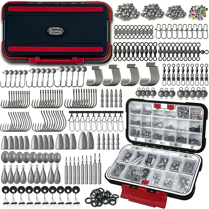 Fishing Tackle Kit with Box – 423pcs Complete Terminal Tackle Assortment, Hooks, Sinkers & Swivels, Beads & Bobber Stops for Freshwater Bass & Trout (Black-423PCS)