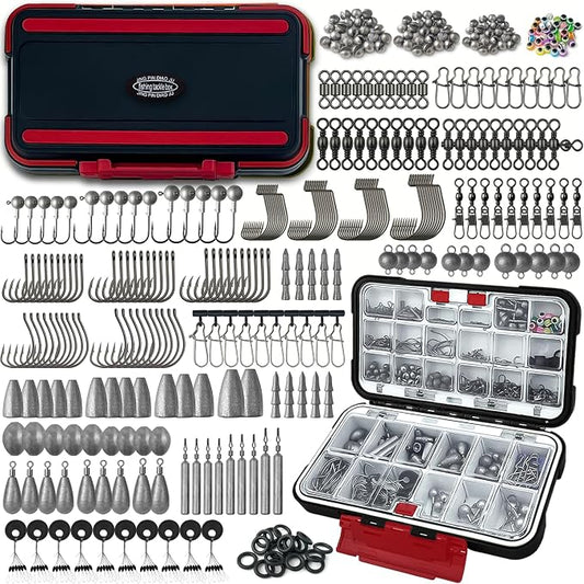 Fishing Tackle Kit with Box – 423pcs Complete Terminal Tackle Assortment, Hooks, Sinkers & Swivels, Beads & Bobber Stops for Freshwater Bass & Trout (Black-423PCS)