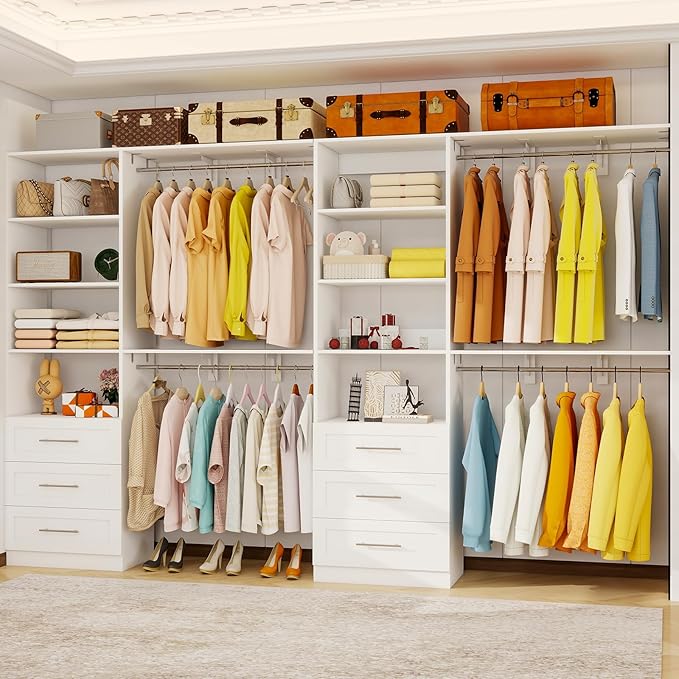 Closet System with 6 Wood Drawers, 5.8FT-8FT-13FT Closet Organizer System Storage Storage Adjustable with 6 Cuttable Shelves & 6 Expandable Hanging Rods, Walk in Closet, 2 Sets , White
