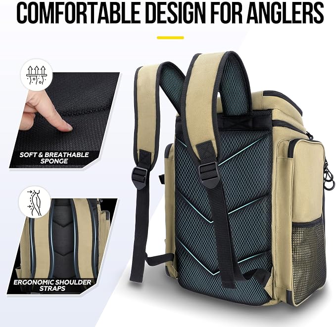 PLUSINNO Fishing Backpack with Rod Holders, 42L Large Water-Resistant Tackle Bag for Fishing, Camping, Hiking, Gifts - Khaki