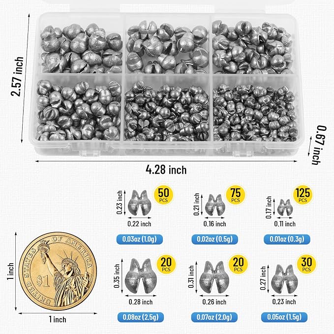 Caleb 200/320Pcs Split Shot Fishing Weights Sinkers, Removable Lead Fishing Weights, Premium Duckbill Reusable Fishing Sinkers for Freshwater Saltwater Bass Trout Fishing Accessories - 5/6 Sizes