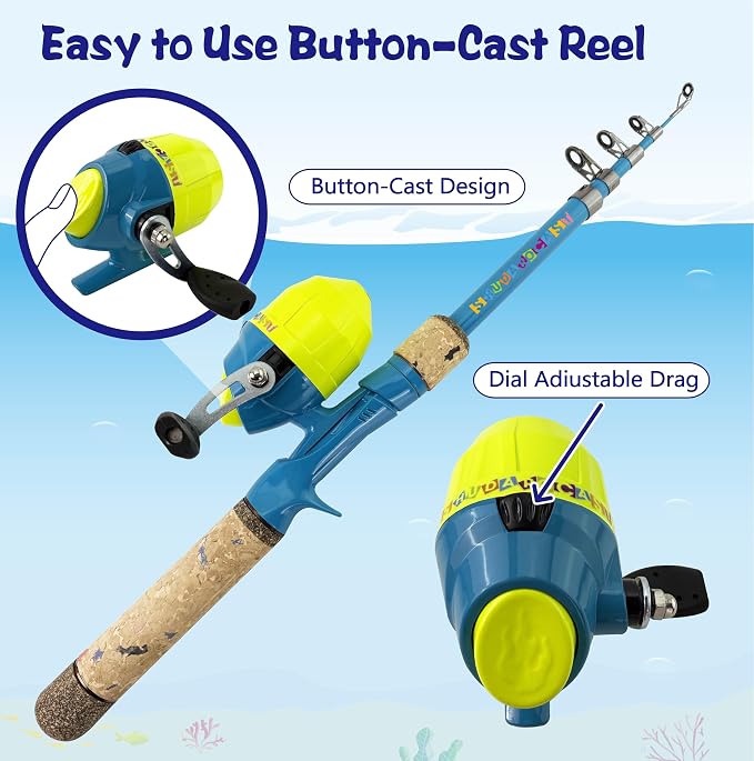 Kids Rod Set, Kids Fishing Rod and Reel Combo and Fishing Net Tackle Box with Fishing Lure Hook and Bag for Girls Beginners, Kids, Youth Anglers