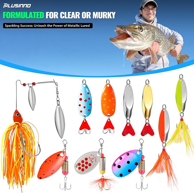 PLUSINNO Fishing Lures Fishing Tackle Box Fishing Gifts for Men, Bass, Trout Fishing Accessories Kit for Saltwater & Freshwater Fishing Gear Including Topwater Lures, Hooks, Spinnerbaits