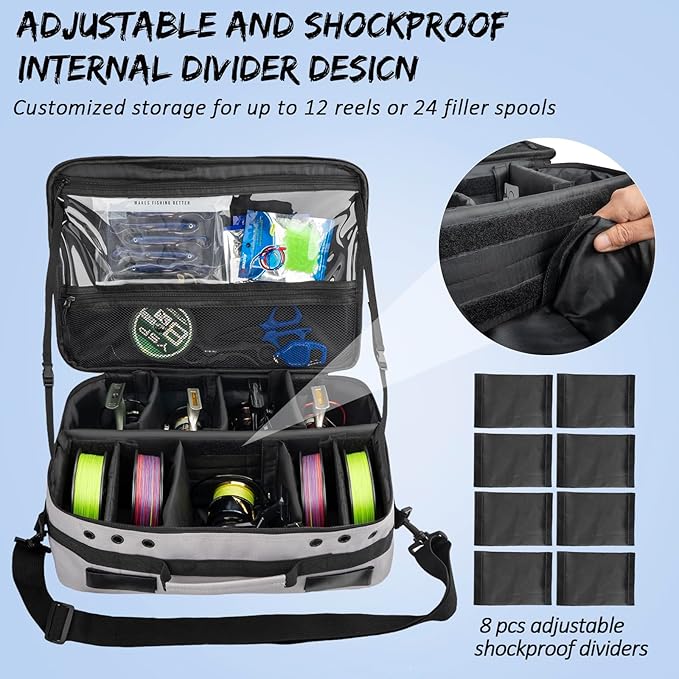 THKFISH Waterproof Fishing Reel Case and Fishing Line Storage Bag with Removable Shockproof Compartments Holds more than 12 Reels or 24 Spools