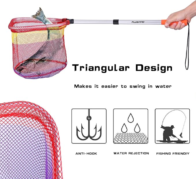 PLUSINNO Kids Fishing Net, Telescopic Lightweight Landing Net with Aluminum Pole Handle and Nylon Mesh, Catch and Release Butterfly Net for Kids Youth Outdoor