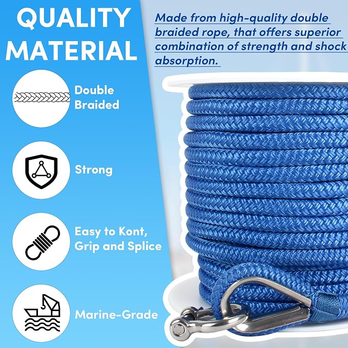 Boat Anchor Rope 100 ft x 3/8 inch Sky Blue, Double Braided Anchor Line with Stainless Steel Thimble & Shackle, Marine Rope Ideal for Towing,Mooring,Decks,Anchoring,for Boats Up to 27'