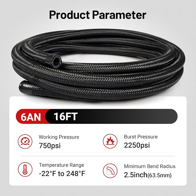 EVIL ENERGY 6AN Fuel Line, AN6 Braided Fuel Hose Nylon CPE 16FT Black