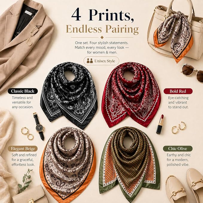 4PCS Neck Scarf Bandanas for Men and Women, Silk Feeling Head Scarfs, Fashion Neckerchief Square Purse Scarf