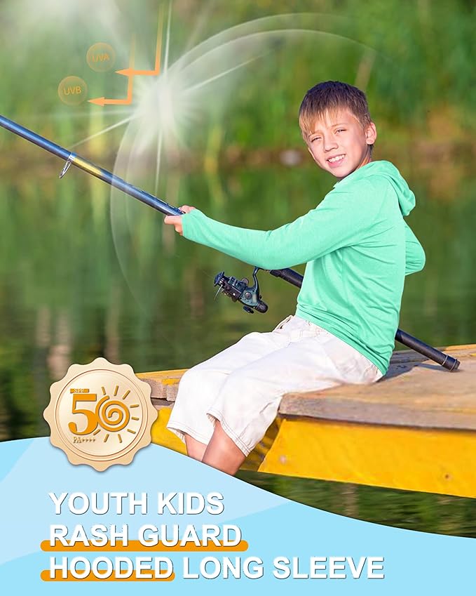 Roadbox Boys Rash Guard Hooded Fishing Shirt, Kids UPF 50+ Long Sleeve Sun Hoodie, Youth UV Protection Beach Swim Shirts