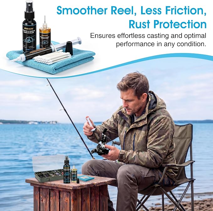 Enhon Fishing Reel Oil Kit, 1 oz Needle Fishing Gear Oil Lubricant, 2 oz Clean Sprayer for Lubricate, 10 g Grease, Cotton Swabs, Microfiber Cloth, Fish Reel Maintenance Kit for Fish Care Reels & More