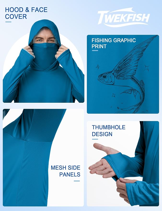 Men's UPF 50+ Long Sleeve Fishing Hoodie, UV Protection Sun Shirt with Hood Mask, Hooded Graphic Shirts for Outdoor