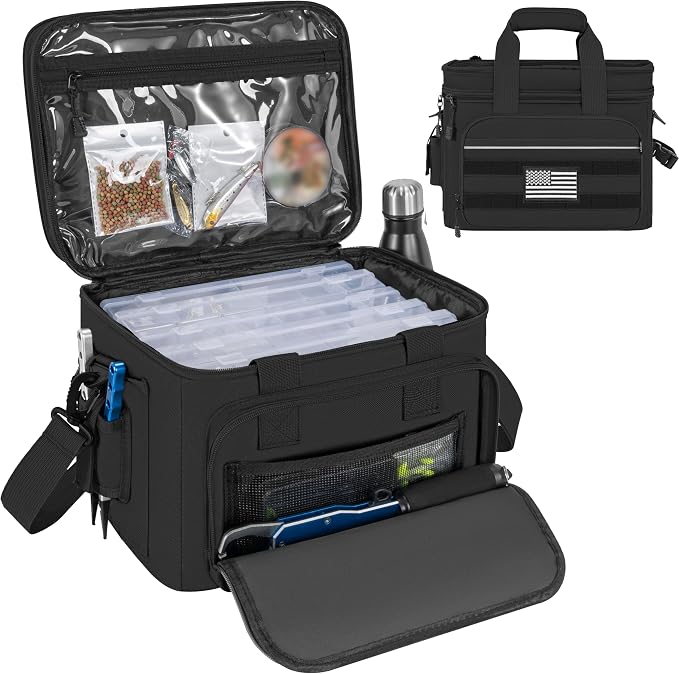 Fishing Tackle Bags, 19L Waterproof Tackle Box Organizer Shoulder Storge for Saltwater & Freshwater Fly Fishing Gear and Equipment, holds 3400-3600 Size Tackle Boxes (Bag Only, Black)