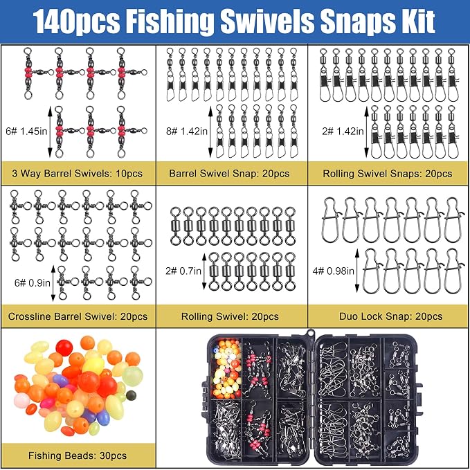 140pcs Fishing Swivels Tackle Kit, Include Ball Bearing Barrel Swivels, 3 Way Swivels, Fishing Swivels with Snaps, High Strength Swivels Fishing Tackle Box for Bass Trout Freshwater Saltwater