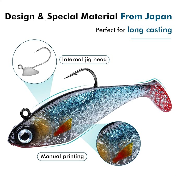 TRUSCEND Duramax Pre-Rigged Fishing Lures with BKK Jig Hooks, 10X Tear-Resistant TPE Soft Swimbaits for Bass Striper Trout Crappie Walleye Grouper, Lifelike Fishing Baits for Saltwater and Freshwater