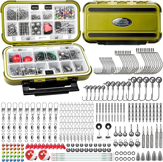 TRUSCEND Complete Fishing Accessories - Tackle Box with Tackle Included, Fishing Hooks, Jig Heads, Sinkers, Weights, Swivels, Snaps, Bobbers, Leaders - Fishing Gear Set for Bass Trout Panfish Walleye