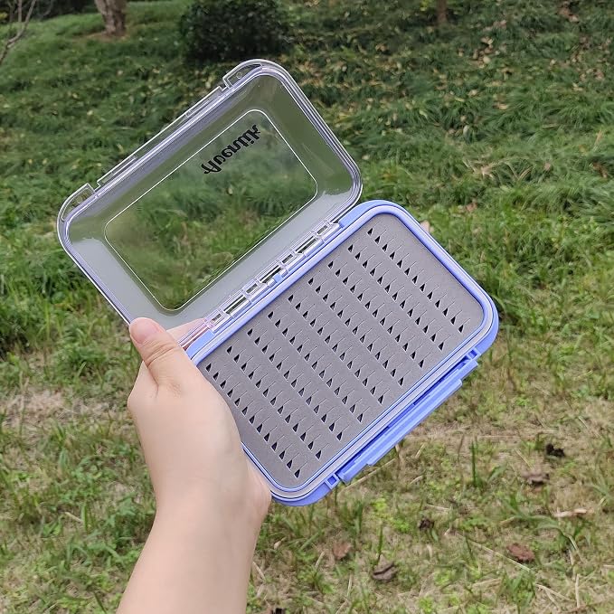 Aventik Waterproof Clear Fly Box Double Sides Floating Lightweight Fly Fishing Case Large Capacity Grip Foam Nymph Wet Dry Flies Lure Box(H18 Blue, SIZE B:6.08X4X1.6inch)