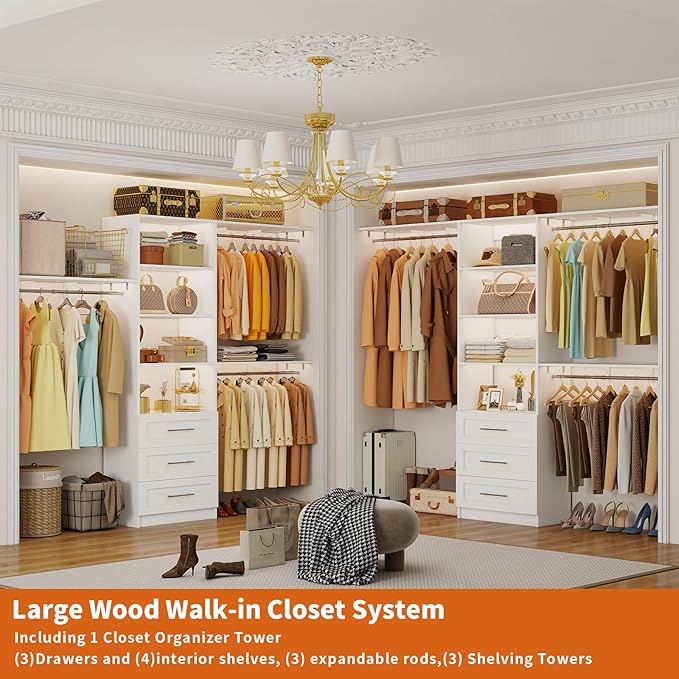 Closet System with 3 Drawers, 4-8FT Custom Closet Organizer System Modular with Adjustable Shelves for Walk in Closets with 3 Expandable Rods, Wood Built In Closet Storage System Heavy-Duty, White