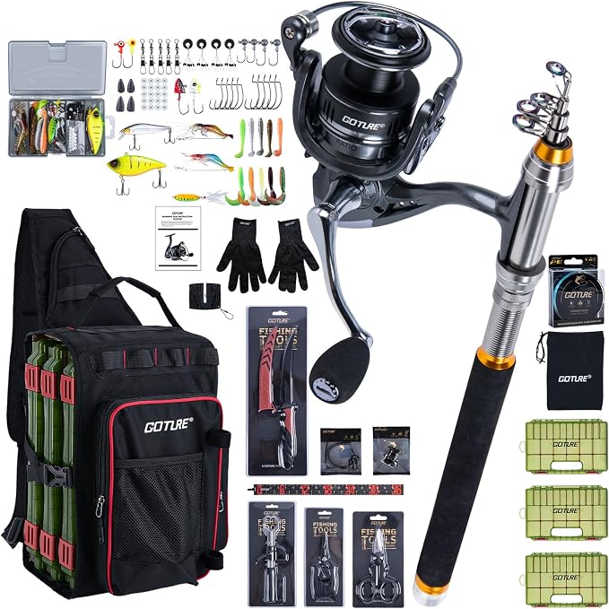 Goture Fishing Kits for Adult,Fishing Pole and Reel Combo, OpenSide Fishing Sling Tackle Storage Bag with 3 Tackle Boxes,Gift for Men
