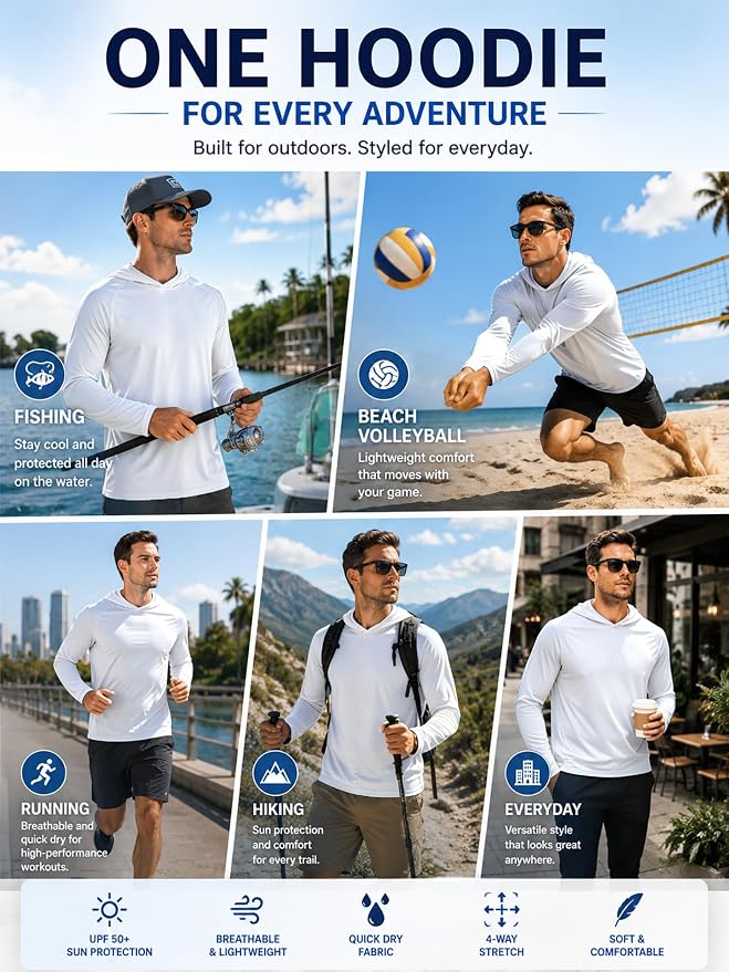 ZITY 3 Pack Men's Sun Protection Hoodie Shirt Fishing Shirts for Men UPF 50+ Long Sleeve Shirt Lightweight Rash Guard