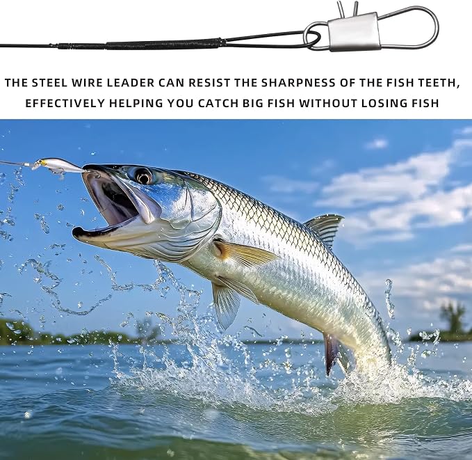 Benykyo Fishing Leaders with Swivels and Snaps，40 lb High Strength Wire Leader，Steel Fishing Leader Freshwater & Saltwater，Black