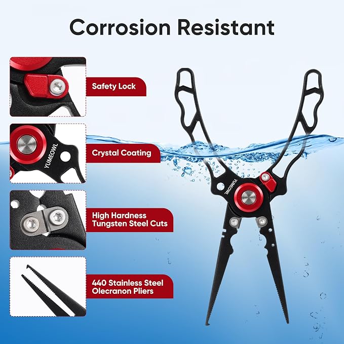 Fishing Pliers with Innovative Ergonomical Handle, Corrosion Saltwater Resistant,Fishing Multitool Hook Remover Braided Fishing Line Cutting, Split Ring with Coiled Lanyard and Sheath