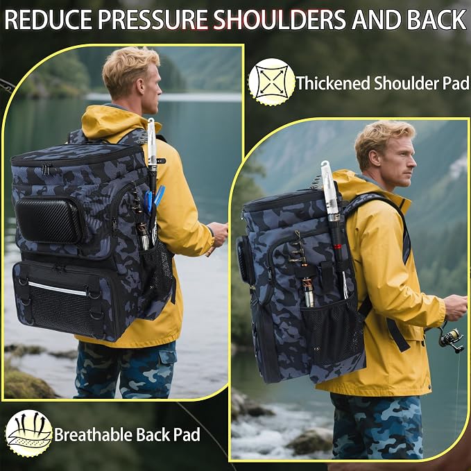 Fishing Backpack with Rod Holder X-Large 60L Tackle Gears Bag with Cooler for Storage Tackle Box and Fishing Accessories Stuff, Fish Gifts for Men Woman-Yellow Camo