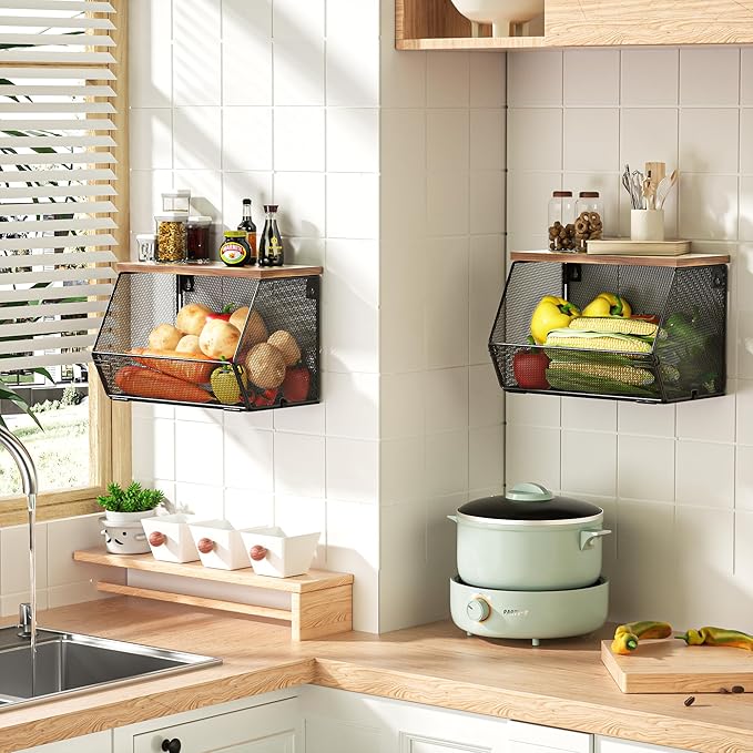 3-Pack Stackable Wire Basket with Wood Lid - Wall Mounted Fruit & Vegetable Bowl for Kitchen, Potato & Onion Storage