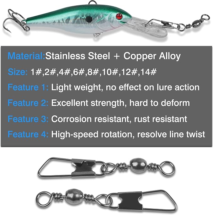 AGOOL Fishing Swivels Snaps, 60/120pcs Barrel Swivel Safety Snaps Stainless Steel Swivels Fishing Tackle Lure Leader Line Connector High Strength for Saltwater Freshwater