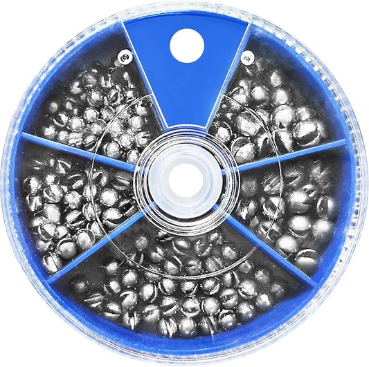 Split Shot Fishing Weights Sinkers, 200Pcs Fishing Split Shot Weights 5 Sizes, Removable Split Shot Sinkers for Fishing Line, Round Dispenser Box for Bass Trout Crappie Panfish