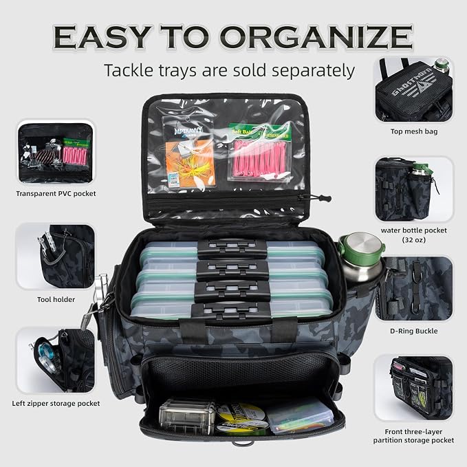 Ghosthorn Fishing Tackle Bag with Rod Holder Saltwater & Freshwater Resistant Large Tackle Box Bag - Waterproof Base, Adjustable Padded Shoulder Strap (Black Camouflage)