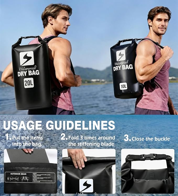 Soulsfeng Waterproof Dry Bag Backpack, Roll Top Floating Dry Storage Bag with Phone Case, Lightweight Dry Sack for Kayaking, Boating, Beach, Travel, Camping 20L, Black