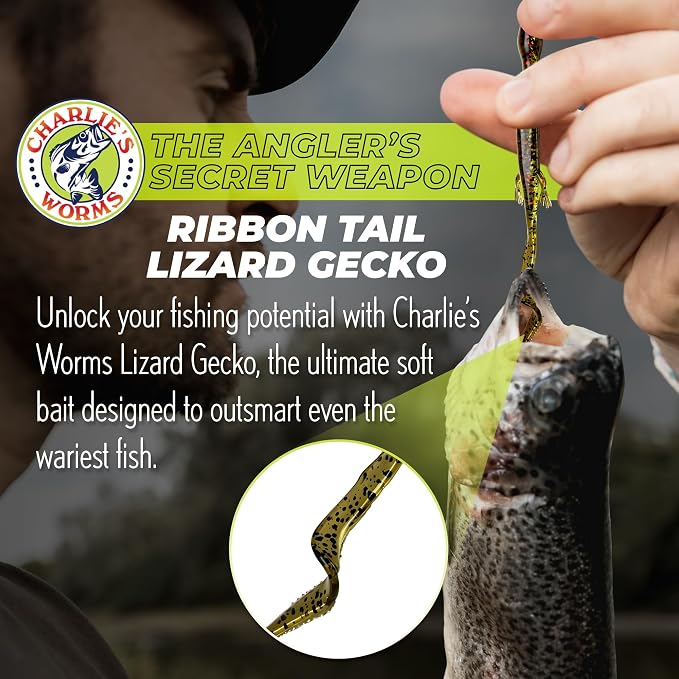 Charlie's Worms Lizard Gecko, Scented Soft Bait for Freshwater & Saltwater Fishing, Durable Lures for Bass, Trout, Reptiles, Aquatic Frogs, Minnows, Feeder Bait, 8pk, Green Pumpkin