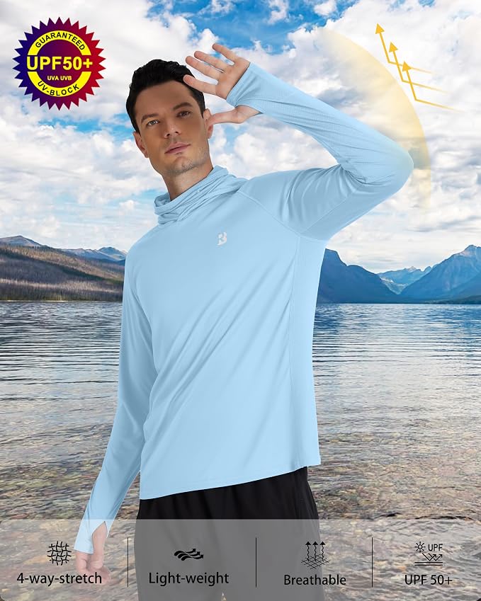 Roadbox Men's UPF 50+ Hooded Fishing Shirts Long Sleeve Sun Protection Hoodie, Hiking Running Swimming Rash Guard with Mask