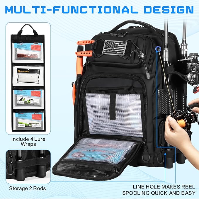 50L Fishing Tackle Backpack with Removable Lure Wraps,Include (4) 3600 Tackle Boxes, 2 Rod Holders Storage Fishing Gear and Equipment