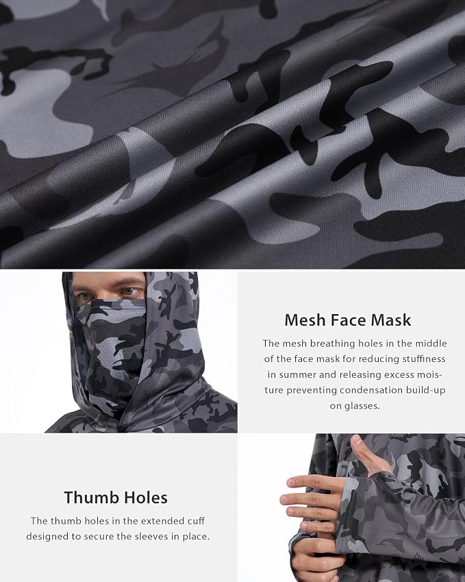 FISHEAL Men's Performance Fishing Hoodie Shirt - UPF 50+ Sun Protection Long Sleeve Thumbholes Shirts with Neck Gaiter