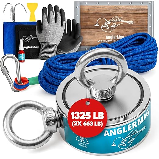 AnglerMag Magnet Fishing Kit - 1325 lbs Double Sided Neodymium Magnetic Fishing Stuff with Rope - 10 PCS Extra Strong Complete Gift Set with eBook, Carabiner, Gloves, Grappling Hook & Carrying Bag
