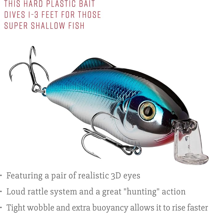 Strike King Hybrid Hunter Shallow Jr. Fishing Lure, Shallow Diving Crankbait, 90-Degree Bill, 3D Eyes, Loud Rattle, Dives 1 to 3-Feet,Size 4 & 6 Treble Hooks