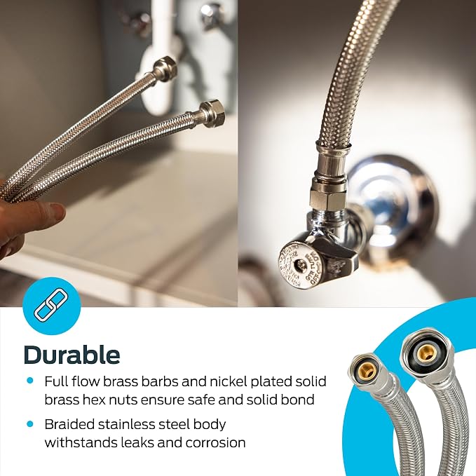 Eastman 60 inch Steel-Flex Braided Faucet Connector, 1/2 Inch FIP x 3/8 Inch Compression, Stainless Steel Faucet Supply Line, 48302