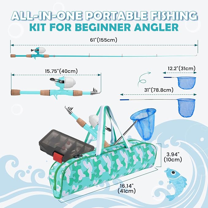 Kids Fishing Pole, Portable Telescopic Kids Fishing Poles for Boys Girls Youth, Fishing Rod and Reel Combo