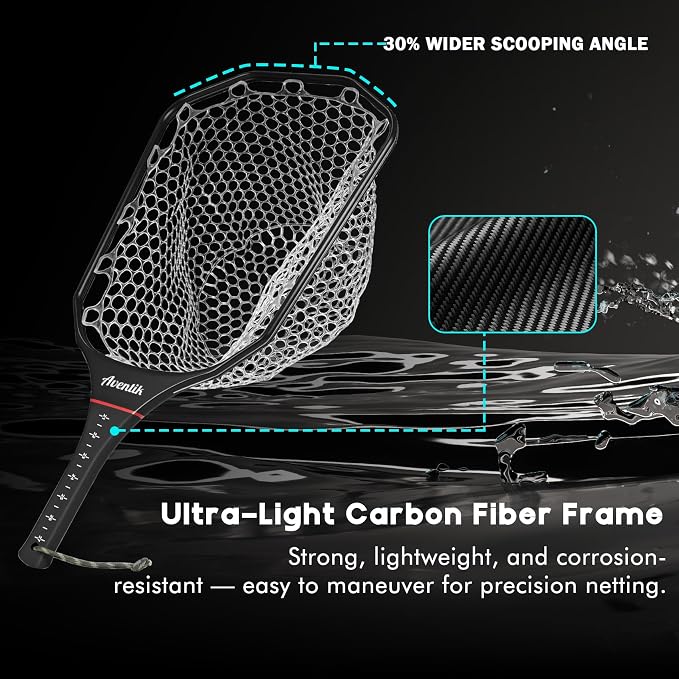 Riverruns Fly Fishing Landing Net Carbon Fiber Trout Net with Measurement Handle, Soft Rubber Mesh - 26" Standard (Wading) / 37" Long (Kayak)